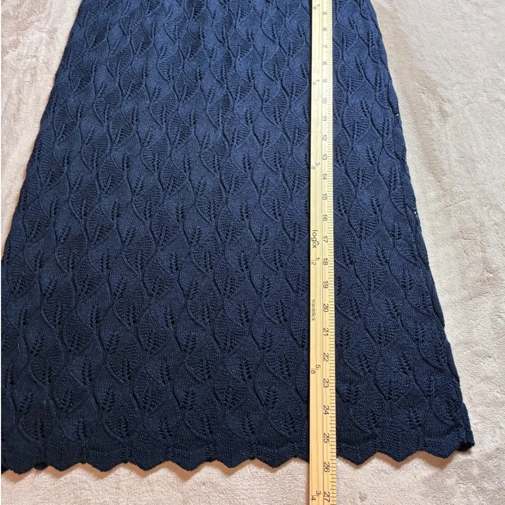 Handmade Vintage Navy Pointelle Knit 2 Piece Skirt Set Scalloped V-Neck Midi